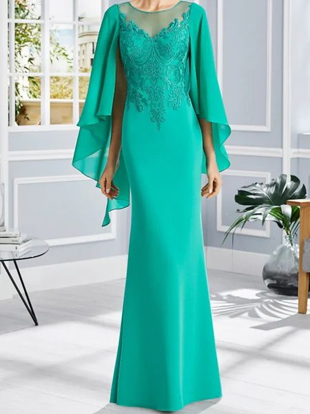 Elegante verde longo mãe da noiva vestidos de renda apliques mangas capa tripulação pescoço até o chão vestidos de convidados do casamento madrinha vestido formal feito sob encomenda