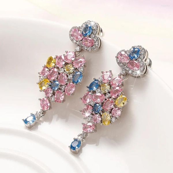 Baumelnde Ohrringe UILZ Rosa Blume Natürlicher Zirkon Lang Für Frauen Blau Gelb Vintage Modeschmuck Luxus Hochzeit Ohrring