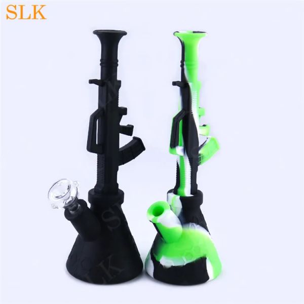 AK47 Maschinengewehrform Silikonpfeife Dab Straw Oil Rigs Becherglasbongs Wasserpfeifen tragbare Silikonwasserbong unzerbrechliches Glas ZZ