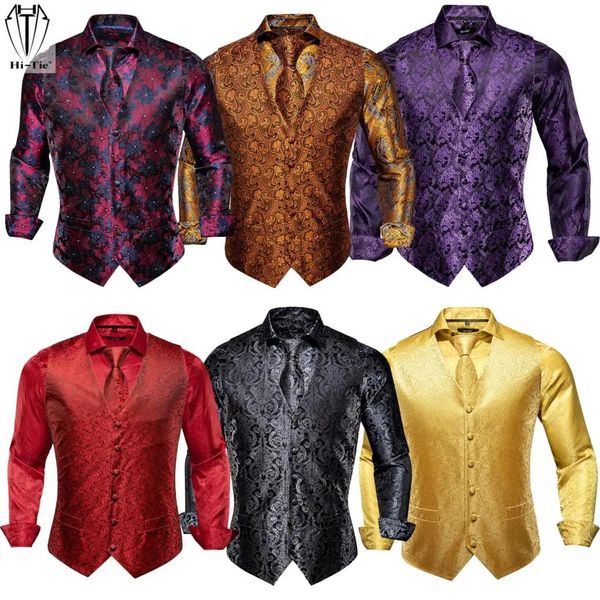 Blazers Hitie Silk Mens Coletes Camisas Conjunto Jacquard Ouro Preto Vermelho Azul Colete Camisa Gravata Hanky Abotoaduras para Homens Negócios de Casamento