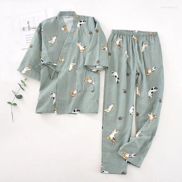 Mulheres sleepwear 2024 estilo japonês quimono pijama conjunto de sete mangas feminino primavera e outono algodão gaze casa roupas bonito doce 2 peças