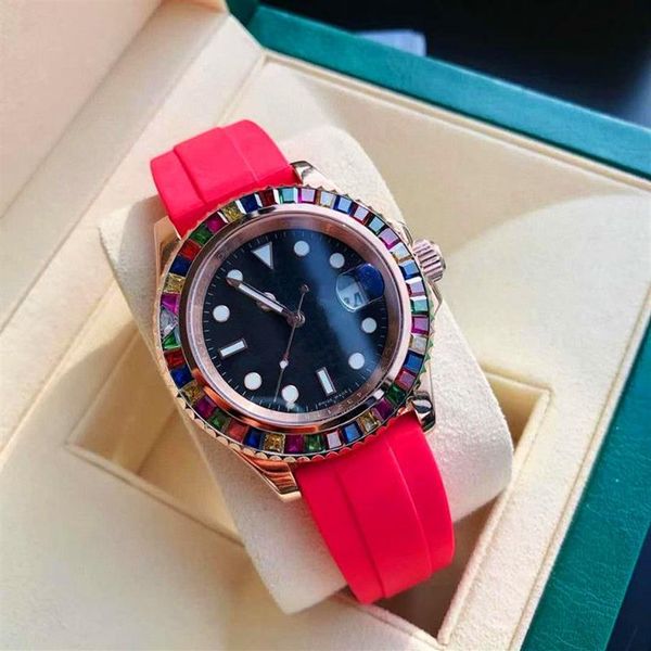 Novo arco-íris diamante tamanho 40mm cor pulseira de borracha corda automática movimento mecânico masculino e feminino moda mecânica watc281x