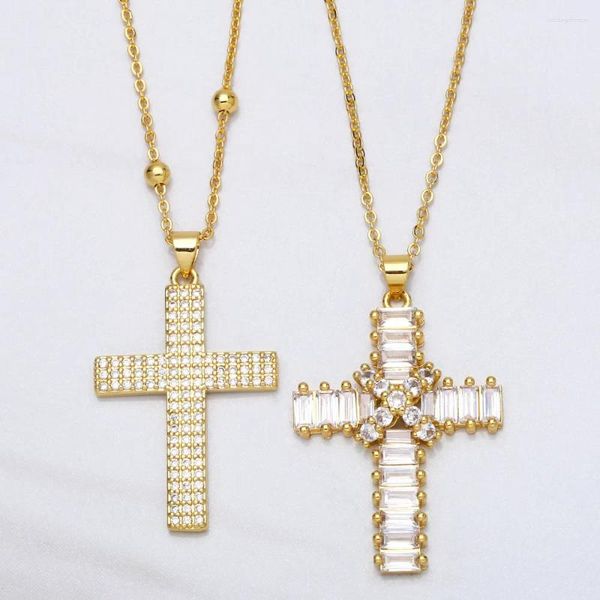 Pingente colares moda cristal cruz colar para mulheres cristão jesus ouro cor grânulos sorte amuleto jóias nkea053