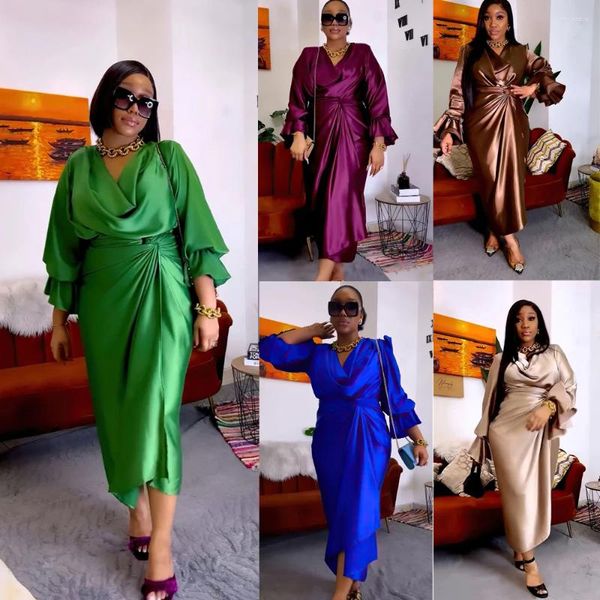 Etnik Giyim Zarif Kadınlar Yaz Elbise 2 Parça Set Parlak Saten Kazık Yakası Uzun Kollu Üstler ve Sarma midi Etek Takım Parti Kilisesi