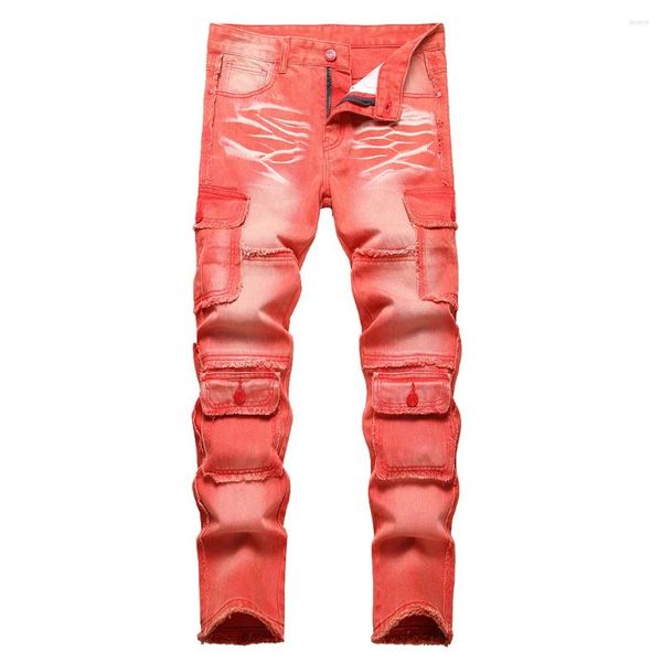 Jeans masculinos homens multi bolsos carga denim vermelho franja não stretch calças de algodão slim calças retas