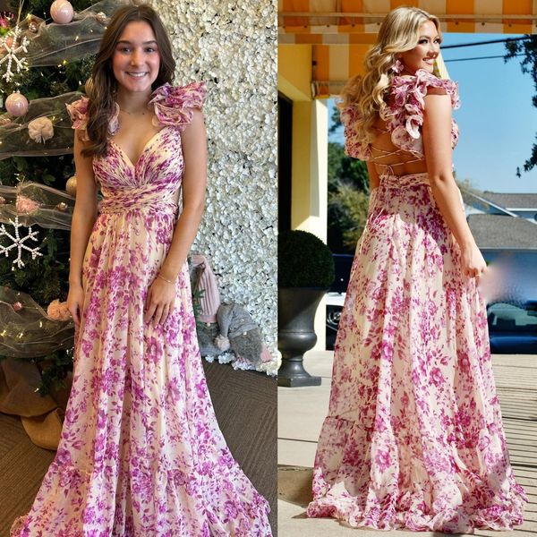 Vestido longo de baile 2k24 com babados, corpete plissado, estampa de chiffon, maxi, concurso formal, júnior, noite, hoco gala, coquetel, tapete vermelho, vestido de empregada, sessão de fotos, amarração