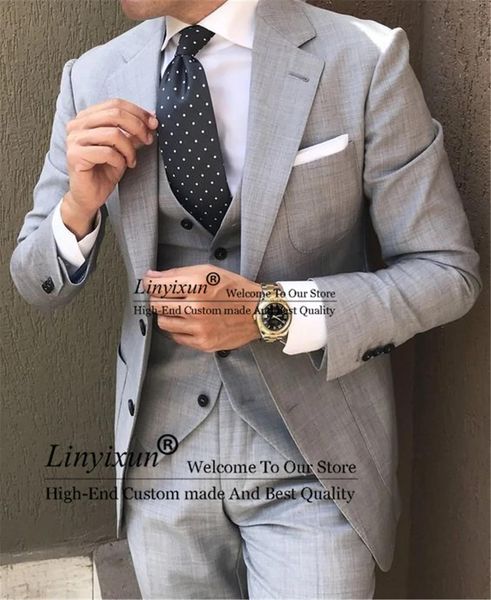 Ternos clássicos cinza masculinos, ternos entalhados na lapela, noivo, casamento, negócios, blazers masculinos, 3 peças, jaqueta, calças, conjunto de colete, terno masculino