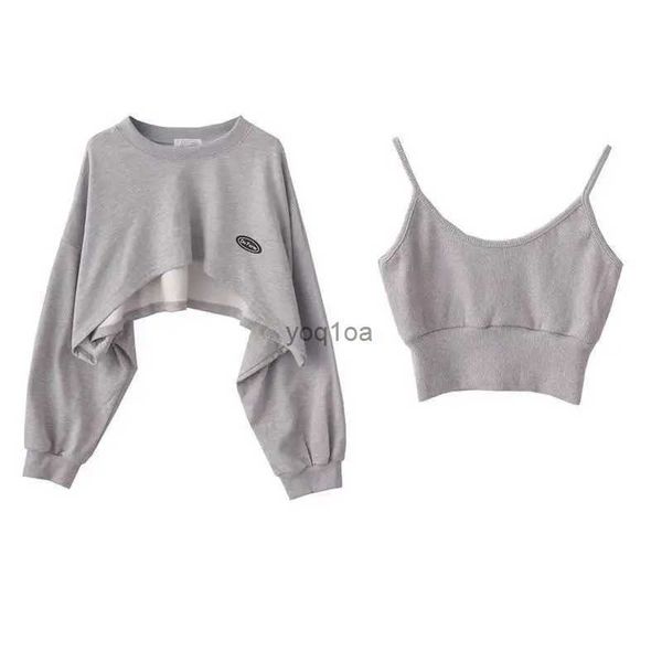 Damen-Kapuzenpullover, Sweatshirts, modisch, asymmetrisch, kurz geschnitten, Camis-Sweatshirt, 2-teilig, lässig, einfarbig, langärmelig, weibliche Pullover, schicke Oberteile