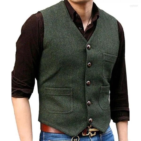 Abiti da uomo Verde Nero Blu Gilet formale da lavoro con scollo a V Abito in tweed di lana a spina di pesce Gilet casual per la festa dello sposo