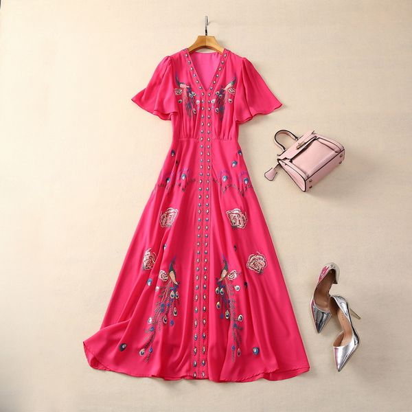 2024 primavera rosa cor sólida pavão bordado vestido de manga curta com decote em v lantejoulas midi vestidos casuais s3d121214