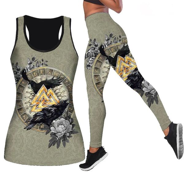 Yaz kadın moda viking dövme legging yoga pantolon ve içi boş tank bayan spor yelek takım elbise eğlence takım elbise 8xl y2k 240105