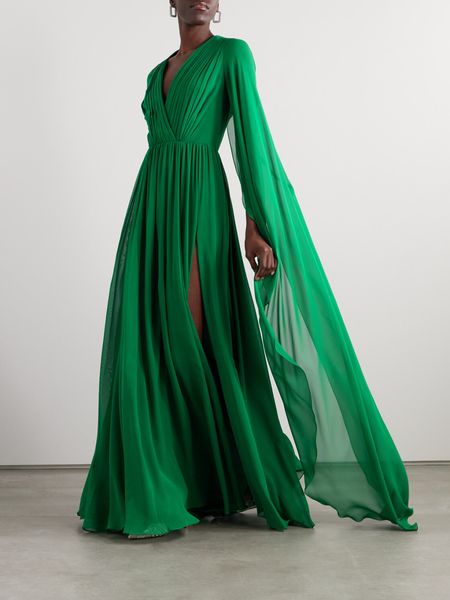 Elegante longo verde com decote em v chiffon vestidos de noite com capa a linha plissado até o chão zíper voltar vestido de baile vestidos de festa para mulher