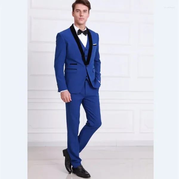 Ternos masculinos padrinhos xale preto lapela noivo smoking azul real homem casamento blazer terno (jaqueta calças colete)