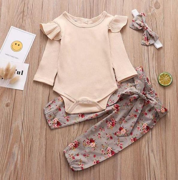 Conjunto de 3 peças de roupas para meninas recém-nascidas, outono, babados, macacão sólido, calças florais, faixa de cabeça, roupas 024 meses, 1295820