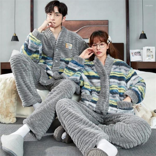 Mulheres sleepwear 2024 pijamas de inverno para casais casaco fofo calças longas mulheres conjunto de dormir homens grossos roupas de casa quentes