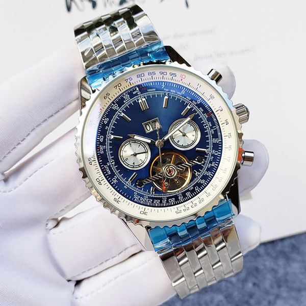 Relógio de luxo relógio mecânico automático 47MM relógio de luxo completo em aço inoxidável azul face turbilhão estilo clássico relógios super luminosos esqueleto de alta qualidade