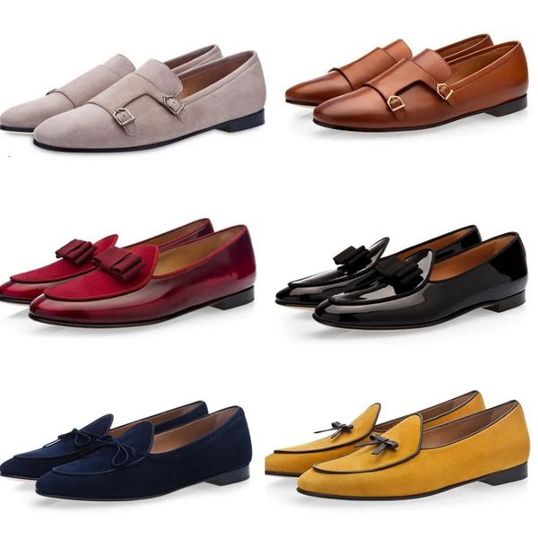 Erkekler mavi fırçalanmış Belçika Loafers Haki Bej İpek Donanma Yay Mortimer Flats Erkek Elbise Düğün Cilalı Deri Ayakkabı Terlik 240106