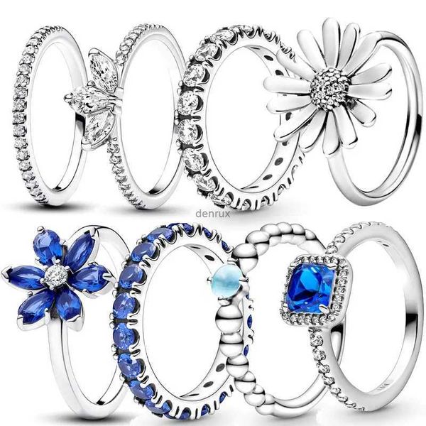 Полосовые кольца 2023 Новое 925 серебряное кольцо циркона, блестящее синий цветок гербарский кластер кольцевой ряд кольцо вечно кольцо женщины кольцо пальца Fine jewellyl240105