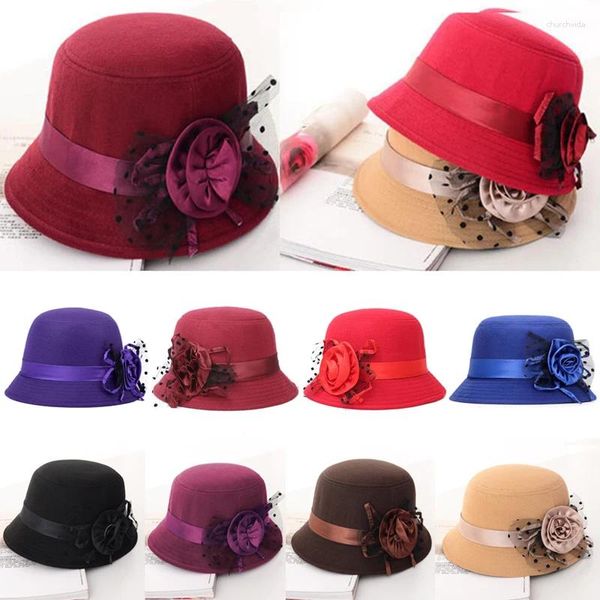 Berretti Donna Cappelli eleganti Cappello a bombetta Fedora formale Cappello da donna vintage Imitazione fiore di lana Moda Autunno Inverno Cappelli a secchiello caldi