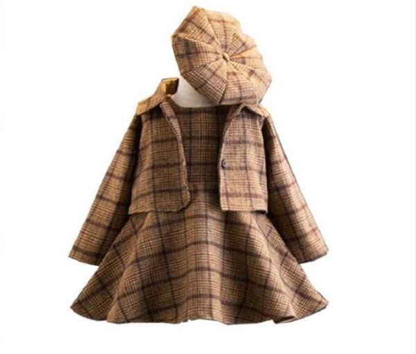 2018 neue Mode 3 Stücke Baby Mädchen Kleidung Set Mantel Ballkleid Kleid Hut Herbst Winter Mode Kinder Kostüm Plaid Clothing2483936