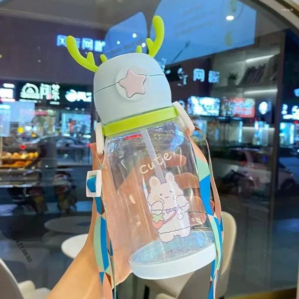 Bottiglie d'acqua Bottiglia 600ML Corna Bambini Rimbalzo Paglia Articoli e Attrezzature per Acqua, Caffè, Tè Cartone Animato Carino Viaggio Sport All'aria Aperta Cinghia Borraccia Kawaii Tazza