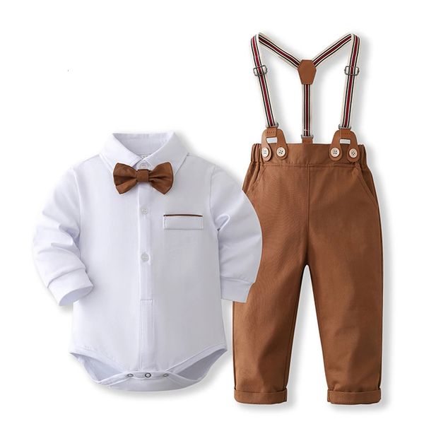 Formal cavalheiro conjunto de pano para bebê infantil sólido macacão terno menino primeiro aniversário traje 0-24 mês criança algodão crianças outfit 240105