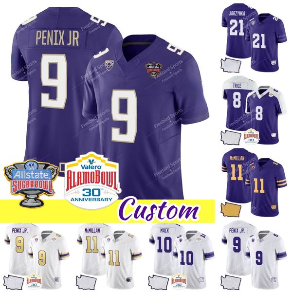 Alamo Bowl Football Jersey Penix Jr. 9 Rome Odunze Joe Jarzynka Jalen McMillan Bralen Trice Austin Mack Sugar Bowl Costurado Anderson 77 Julius Buelow Roxo Branco