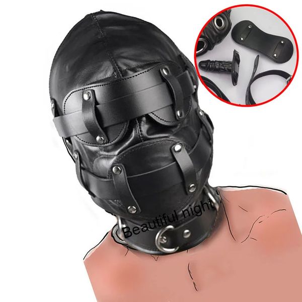 Lederen SM Kap voor SexBDSM Masker Verwijderbare Dildo Bal Gag BlinddoekGrote Mond en Ogen Gat Bondage 240106