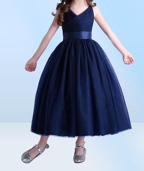Elegante flor meninas vestidos azul marinho sem mangas vestido de formatura crianças festa de casamento vestido de baile 1437643