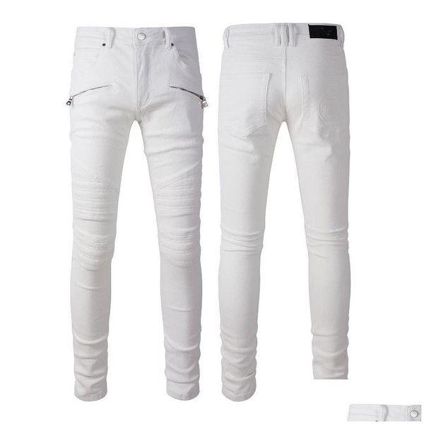 Mens Jeans Branco Sem Rasgos Designer Skinny para Homens Calças Rasgadas com Buracos Denim Homem Perna Reta Slim Fit Zipper Buraco Moda Long Hip Dh18O