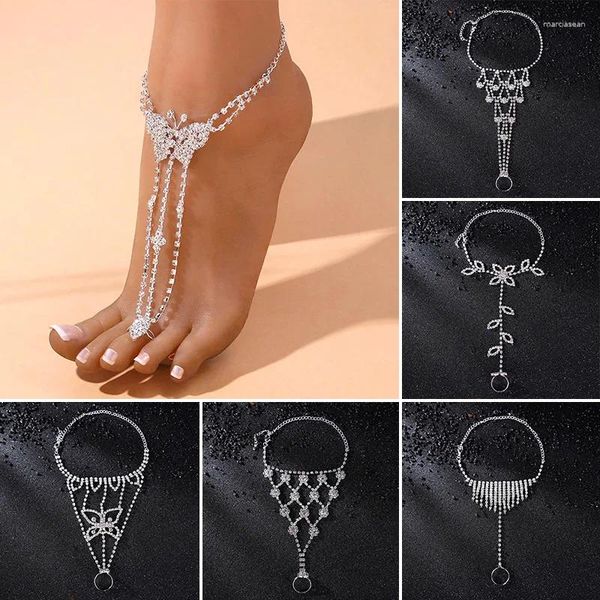 Tornozeleiras moda strass toe corrente pé tornozeleira para mulheres luxuoso brilhante multicamadas praia jóias anel acessórios