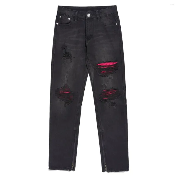Jeans masculinos lacible angustiado borla jacquard 2024 moda hip hop longo outono inverno casual homens mulheres streetwear calças