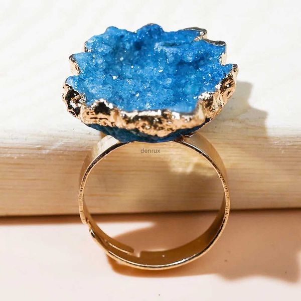 Bandringe Natural Achat Geode Sonnenblume Scheiben Ringe elektroplieren unregelmäßiger Cluster Goldener Randverstellbarer Ringkreis Schmuck für Frauenl240105