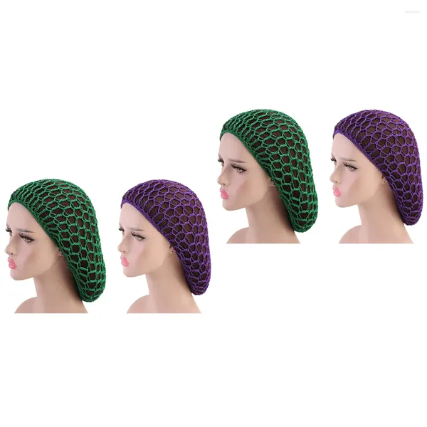 Berretti 4 pezzi Cappello a rete lavorato a mano all'uncinetto Protezione protettiva per capelli lunghi per dormire (verde viola 1 pezzo per ogni colore)