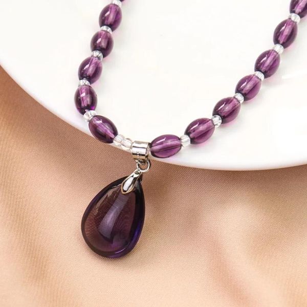 Collane con ciondolo Collana con goccia di ametista per le donne Perline di cristallo di vetro viola Amanti della catena del maglione Regalo di compleanno della madre Gioielli romantici