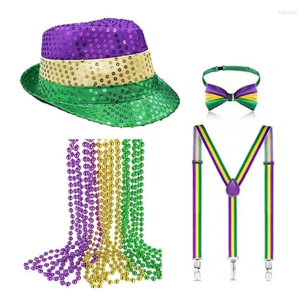 Berets Mardi Gras Costume Set Com Jazzs Hat Suspensórios Bead Colar Bowtie LasVegas FatTuesday Decoração Carnaval Party Adereços