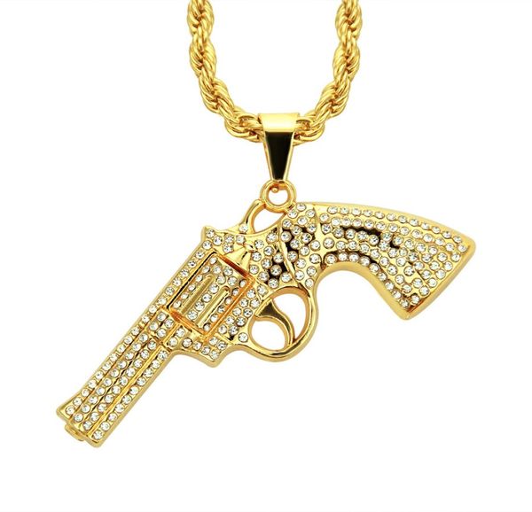 Hip Hop Pistola Arma Colar Pingente Gelado Strass Ouro Prata Cor Charme Bling Bling Jóias Long Cuban Chain3808212