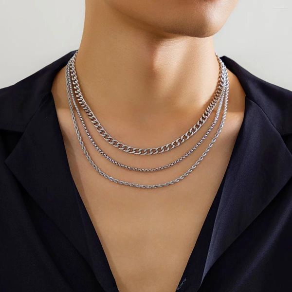 Anhänger Halsketten KunJoe 3 teile/satz Punk Box Kette Fried Teig Twists Choker Halskette Für Männer Einfache Silber Farbe Kubanische Party