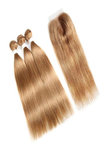 Fasci di tessuto capelli lisci biondo miele con chiusura in pizzo capelli vergini brasiliani 3 pacchi con chiusura 27 capelli umani Bundl2761319