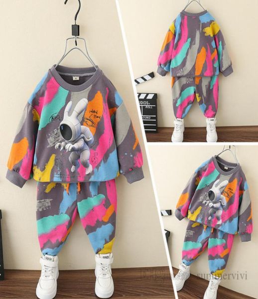 Autunno ragazzi colorati graffiti set di abbigliamento bambini spazio coniglio stampato pullover a maniche lunghe felpa con lacci pantaloni cintura 2 pezzi chil3907400