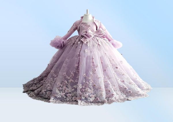 Бальное платье лавандового цвета с бисером, пышные платья для девочек, платье принцессы на бретельках, платье принцессы с цветочным узором, аппликация, платье для первого причастия8097597