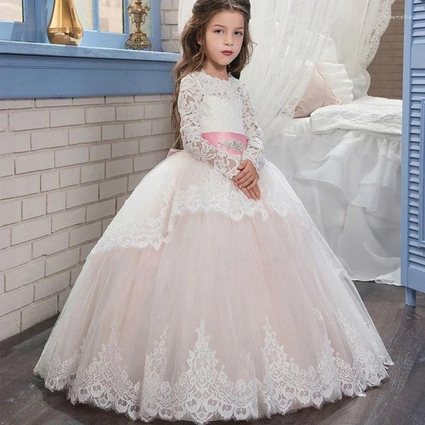 Mädchenkleider Maßgeschneiderte weiße Kinder Teenager rosa Brautjungfernkleid für Mädchen Kinder Langarm Spitze Prinzessin rückenfrei Party Hochzeit