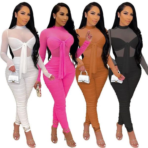 Macacão Sexy Club Macacões Mulheres Plus Size 3X 4XL Macacão de Manga Longa Alta Stretchy Malha Bodycon Bodysuits Sheer Nightclub Wear Bandage J