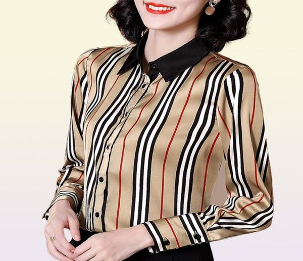 Полосатая шелковая блузка с подиума, элегантные женские дизайнерские рубашки 039s, повседневные рубашки с длинным рукавом, весенне-осенние офисные женские облегающие рубашки Butto8720183