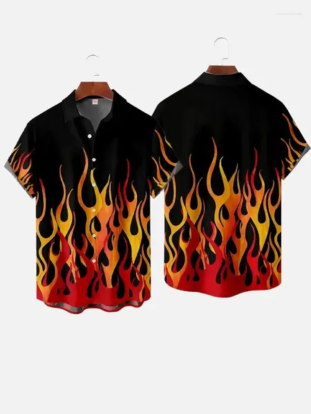 Freizeithemden für Herren, modisches Hemd mit Flammendruck, 3D-Musiknote, kurze Ärmel, Y2k-Oberteile, Vintage-Einreiher-Blusenkleidung