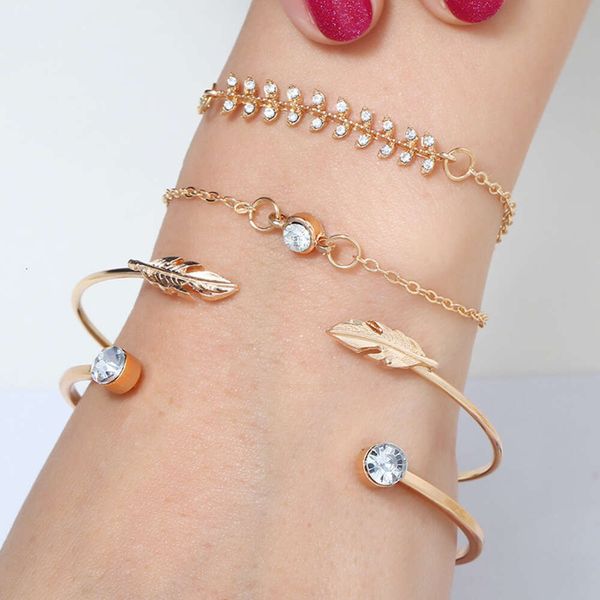 Popular novo e jóias moda folha pulseira feminina liga diamante galvanizado peça conjunto combinação