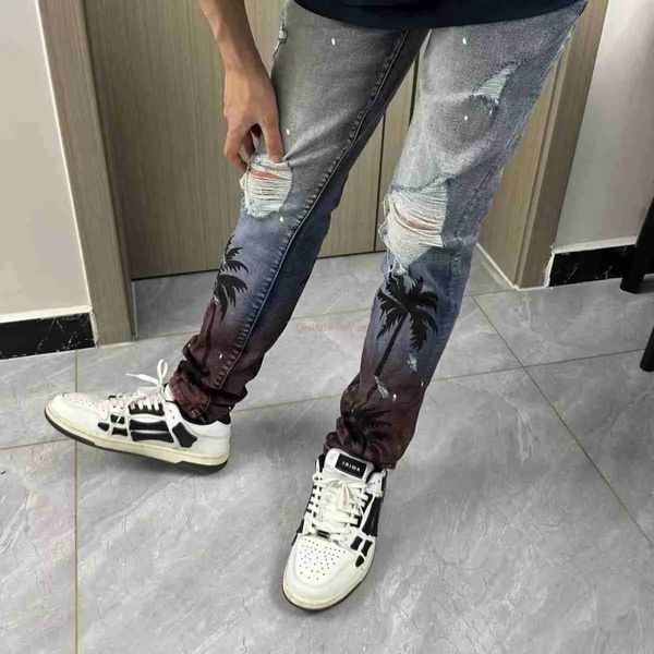 Jeans Designer Roupas Amires Jeans Calças Jeans Amies High Street Moda Mens Splash Ink Graffiti Rasgar Buraco Jeans Coconut Tree Paint G