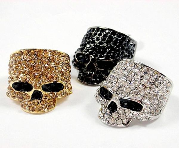 Anéis de marca de caveira para homens, rock punk unissex, cristal preto, cor dourada, anel de motociclista, moda masculina, joia de caveira inteira6751921