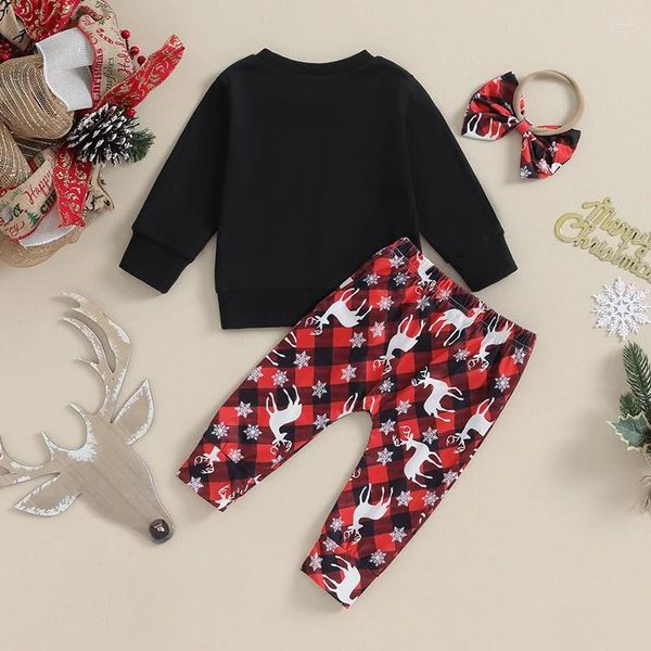 Комплекты одежды, одежда для маленьких девочек, рождественский наряд, толстовка с длинными рукавами и принтом оленя, топы, брюки, повязка на голову