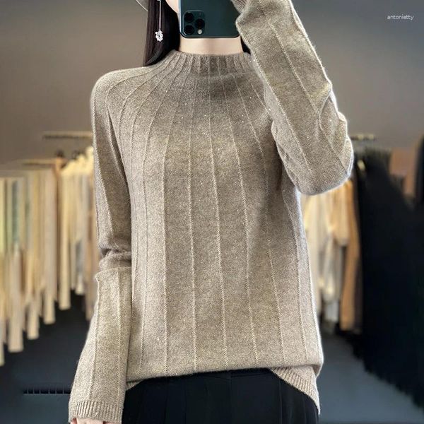 Suéteres femininos outono inverno 2024 meia gola alta pulôver primeira linha pronto para usar malhas de lã moda casual simples suéter sólido